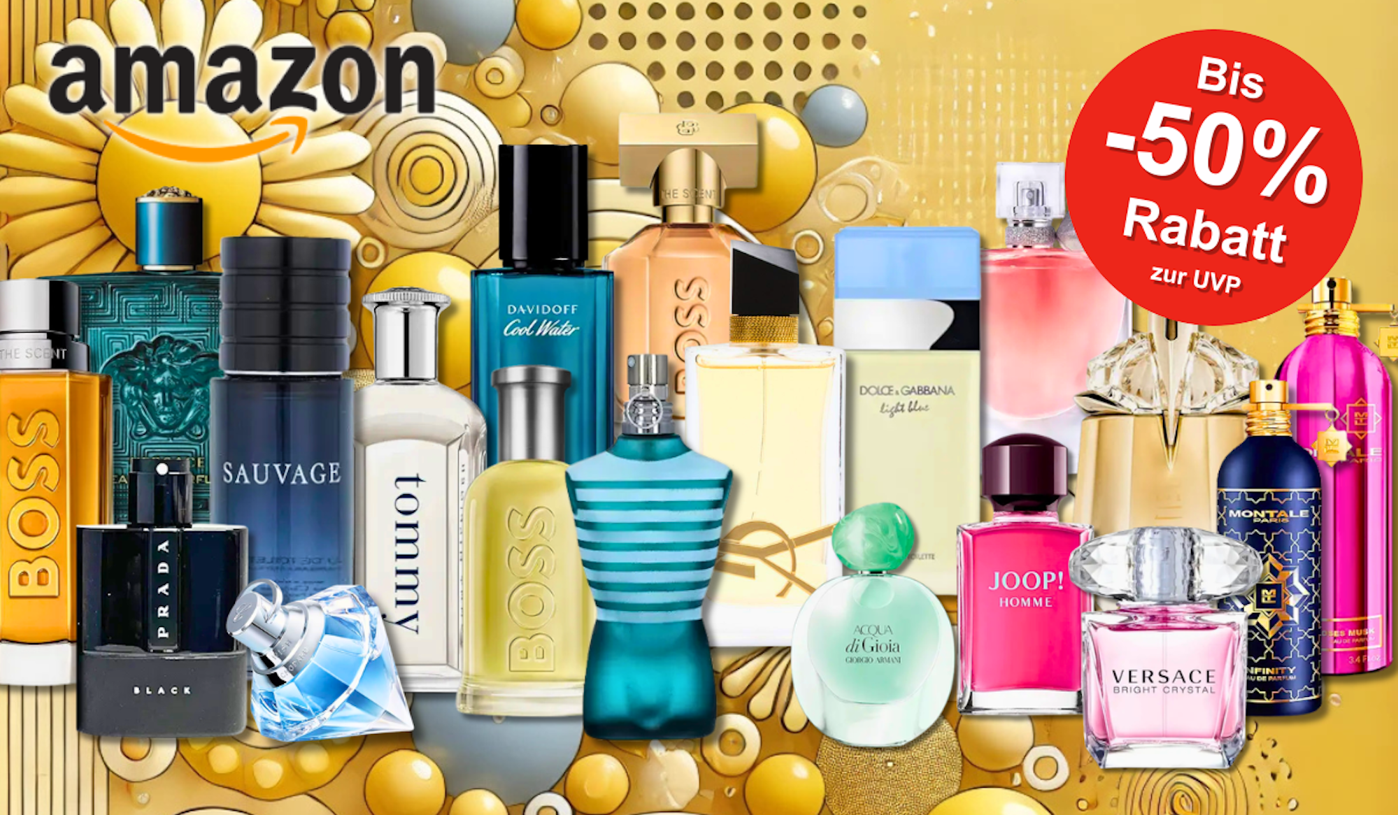 Viele Parfum Flakons von Marken wie Mugler, Boss, Tommy Hilfiger, Diesel, Versace, DKNY, Ralph Lauren und vielen mehr vor rosa Hintergrund mit Herzen.
