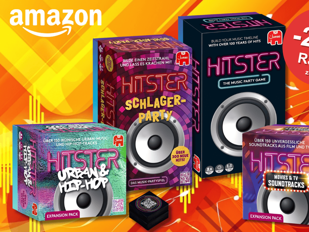 Hitster Original, Hitster Schlager-Party, Hitster Urban & Hip Hop und Hitster Filme & Soundtracks vor einem orangenen Hintergrund.