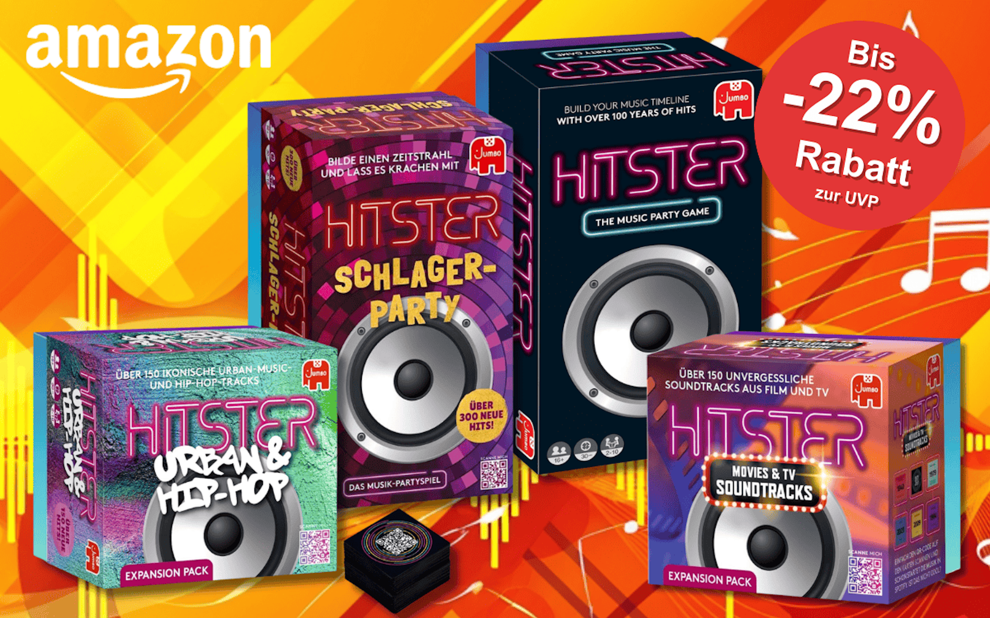 Hitster Original, Hitster Schlager-Party, Hitster Urban & Hip Hop und Hitster Filme & Soundtracks vor einem orangenen Hintergrund.