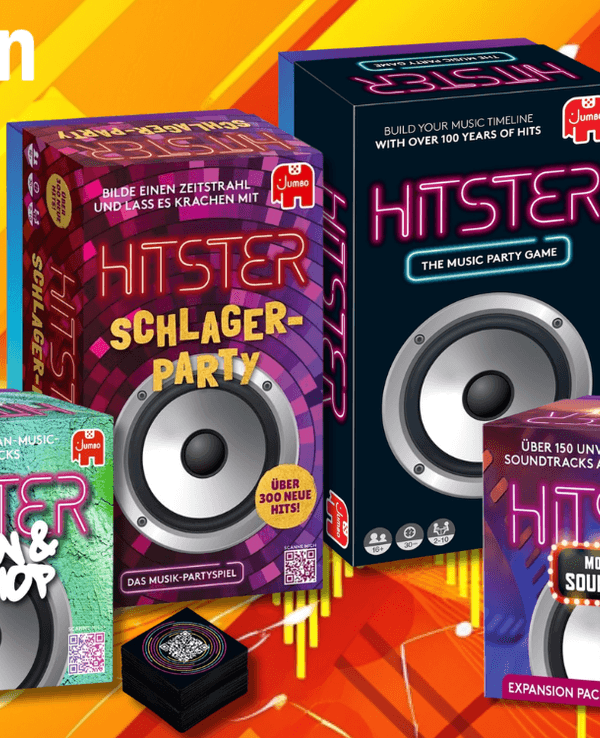Hitster Original, Hitster Schlager-Party, Hitster Urban & Hip Hop und Hitster Filme & Soundtracks vor einem orangenen Hintergrund.