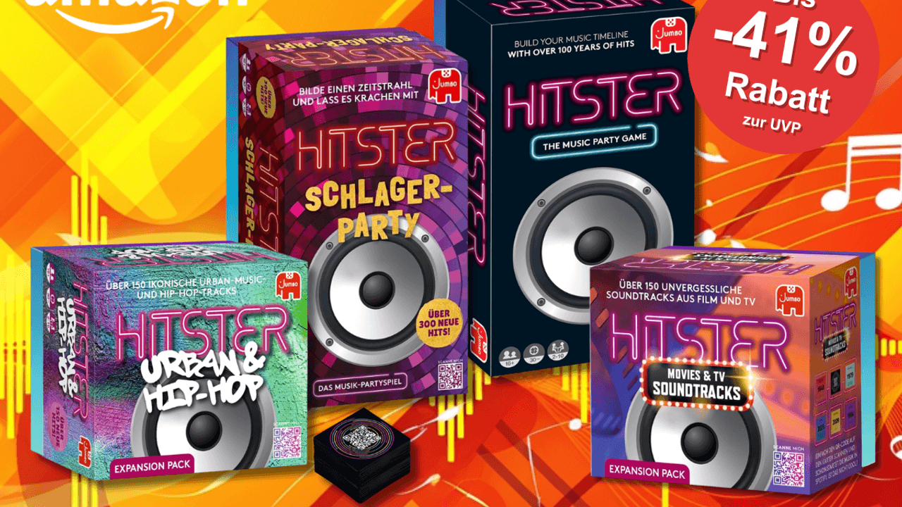 Hitster Original, Hitster Schlager-Party, Hitster Urban & Hip Hop und Hitster Filme & Soundtracks vor einem orangenen Hintergrund.