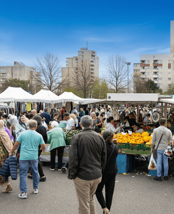 Das Bild zeigt einen belebten Wochenmarkt, auf dem viele Menschen an Marktständen einkaufen. Im Hintergrund ragen mehrere Hochhäuser in den bewölkten Himmel.