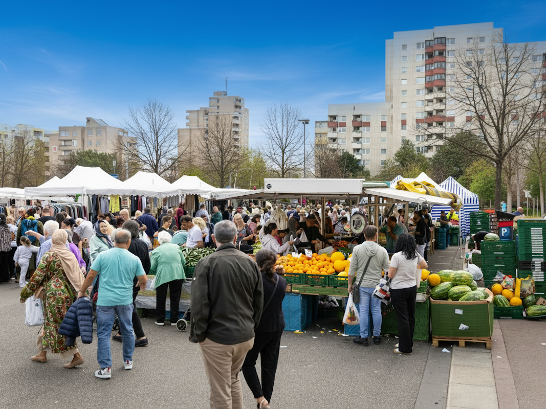 Das Bild zeigt einen belebten Wochenmarkt, auf dem viele Menschen an Marktständen einkaufen. Im Hintergrund ragen mehrere Hochhäuser in den bewölkten Himmel.