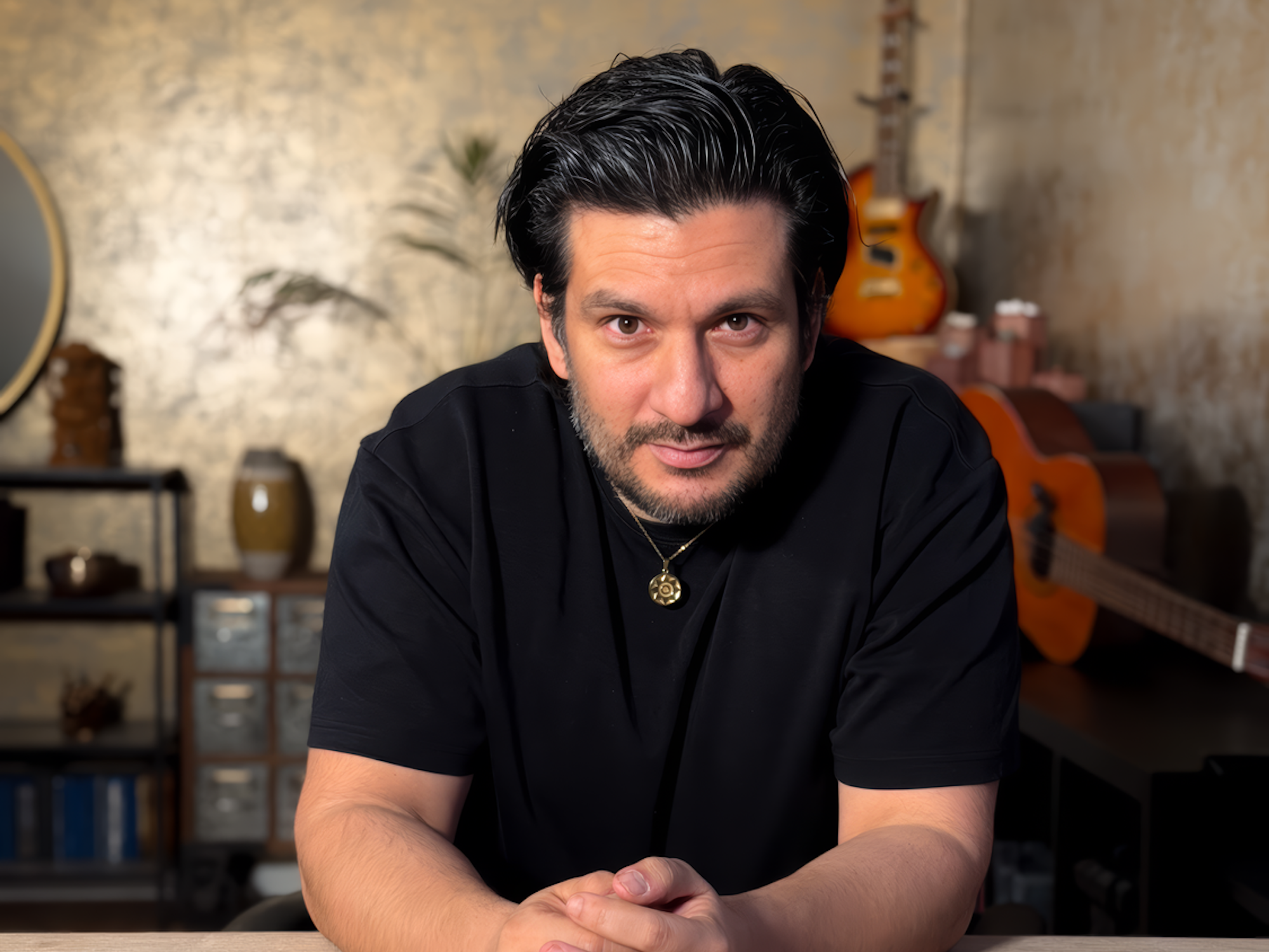 Ein Mann mit Vollbart und dunklen, zurückgegelten Haaren sitzt an einem Tisch und schaut in die Kamera.