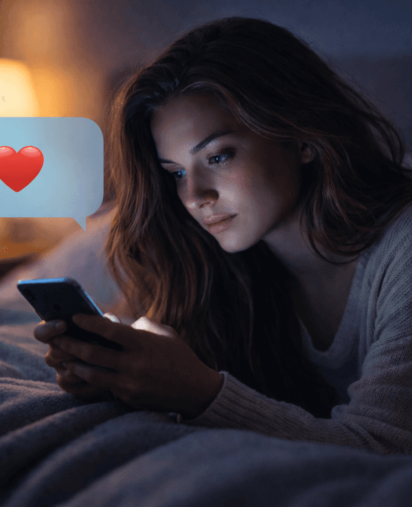 Eine junge Frau liegt im Bett und schaut auf ein Smartphonedisplay.