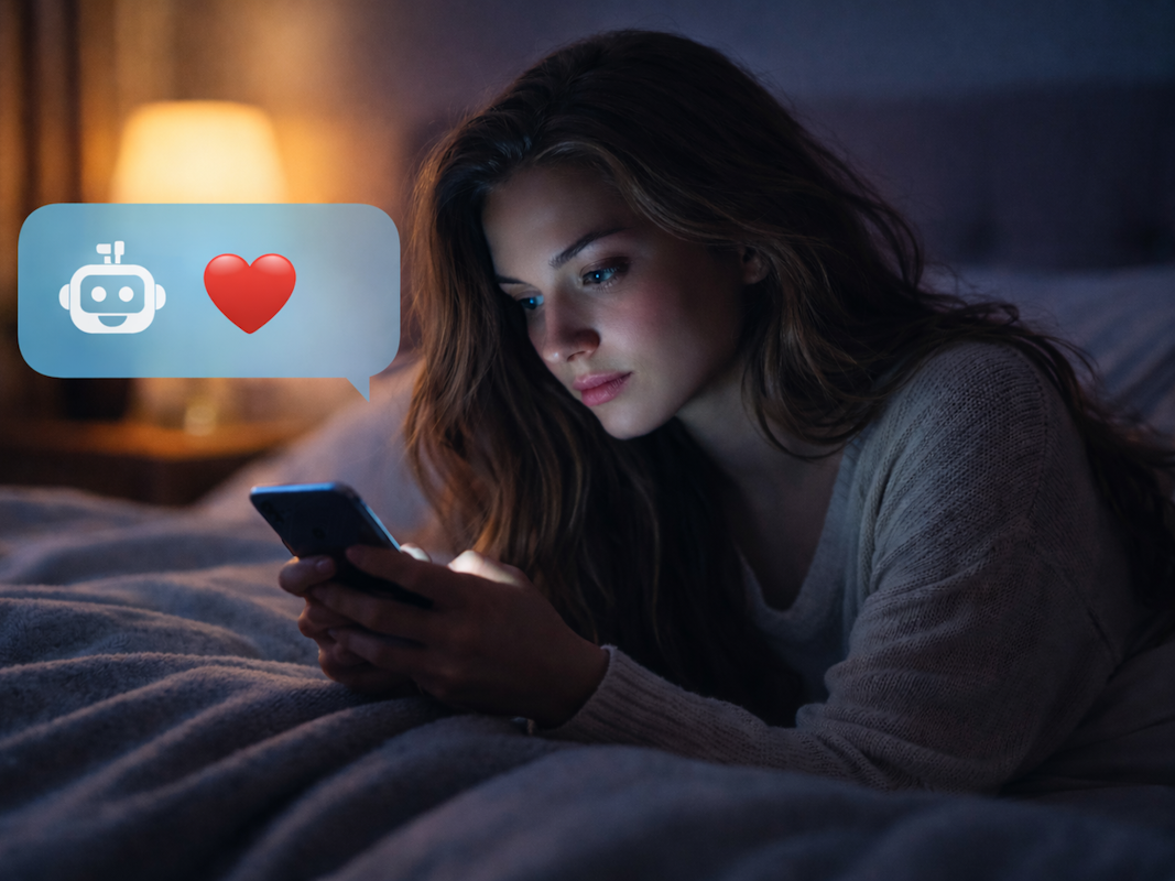 Eine junge Frau liegt im Bett und schaut auf ein Smartphonedisplay.