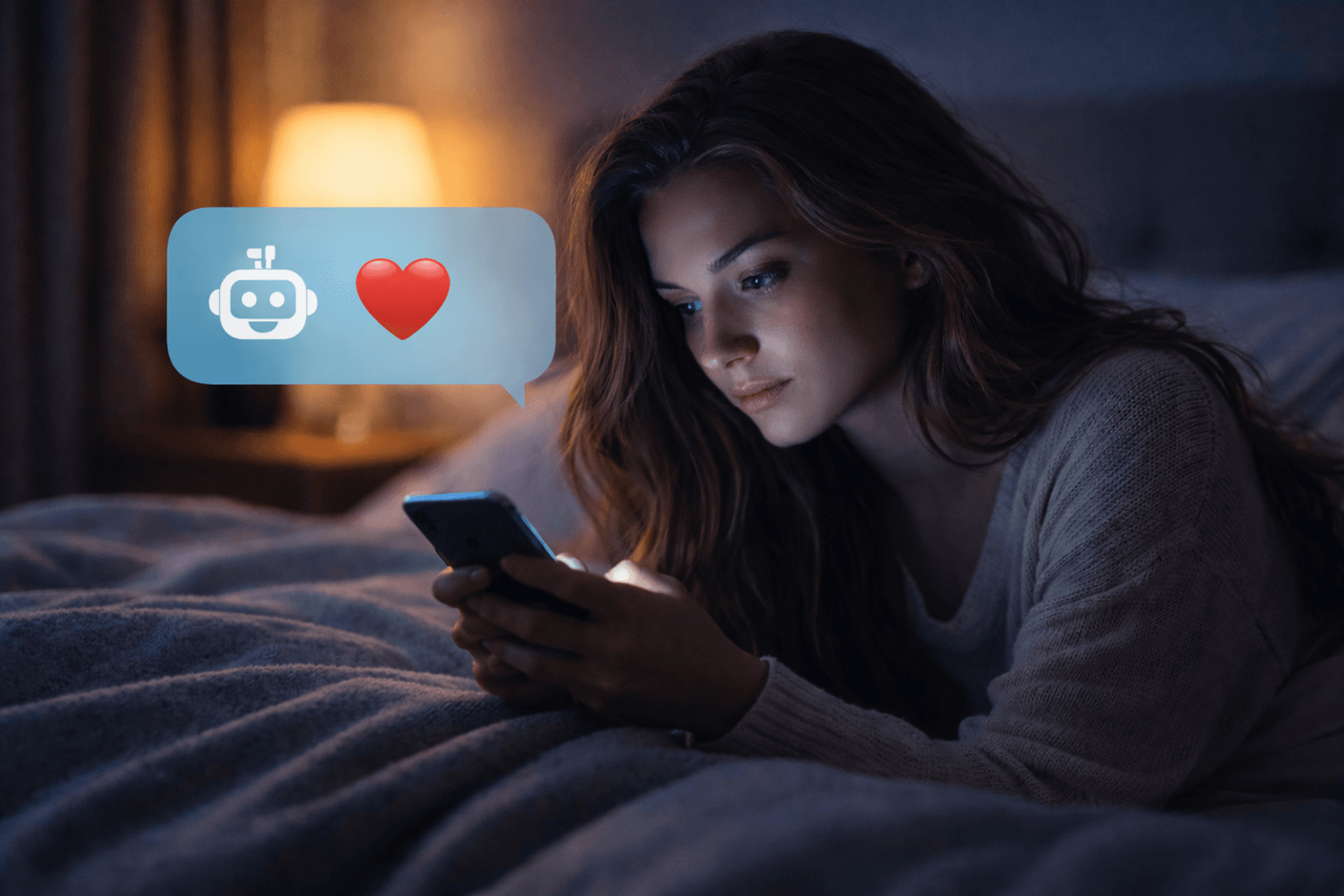 Eine junge Frau liegt im Bett und schaut auf ein Smartphonedisplay.