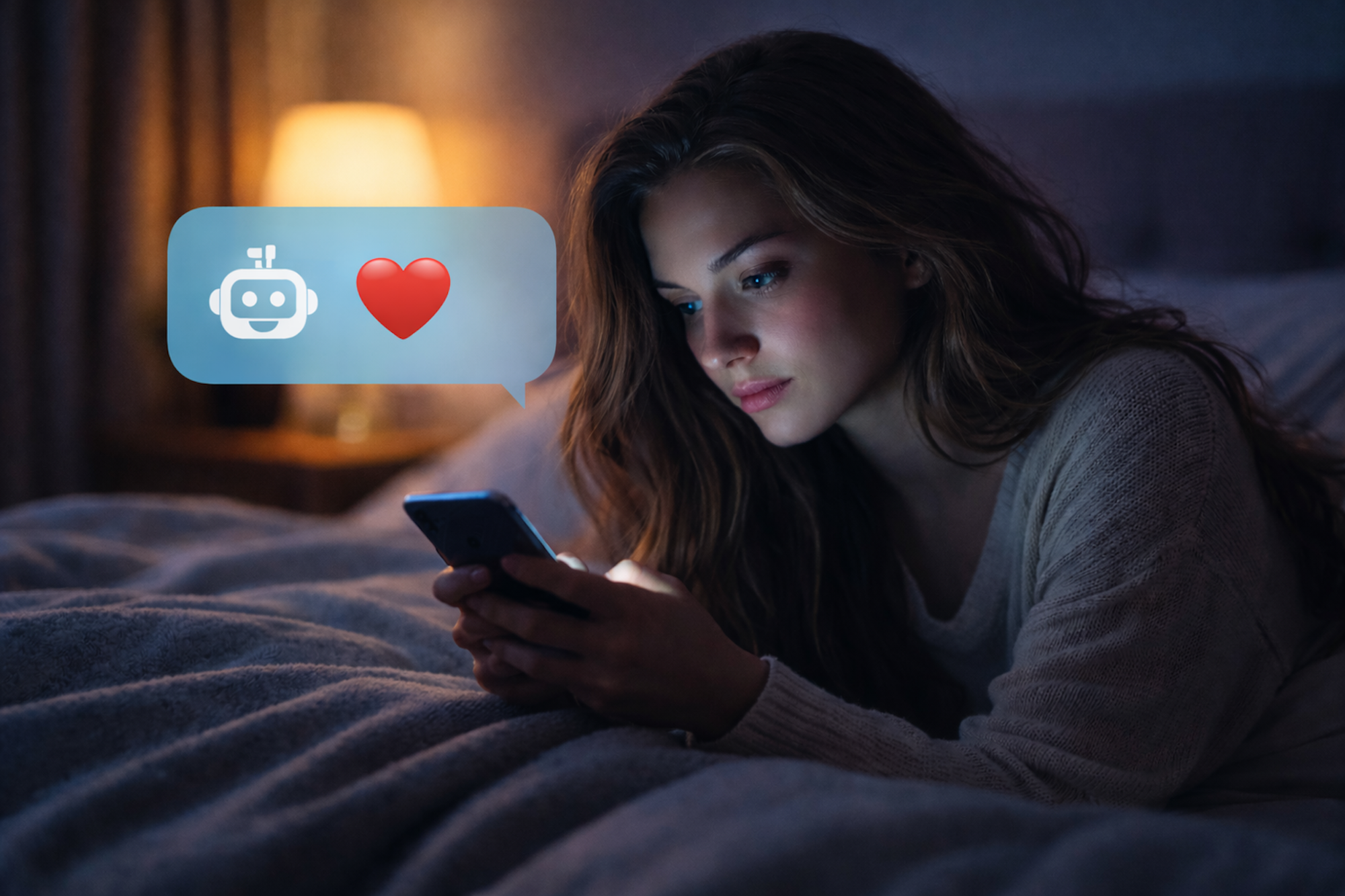 Eine junge Frau liegt im Bett und schaut auf ein Smartphonedisplay.