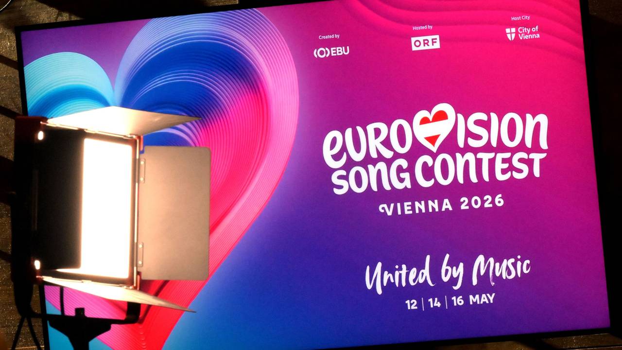 Das Logo zum Eurovision Song Contest (ESC) - Vienna 2026 ist in der Wiener Stadthalle zu sehen.