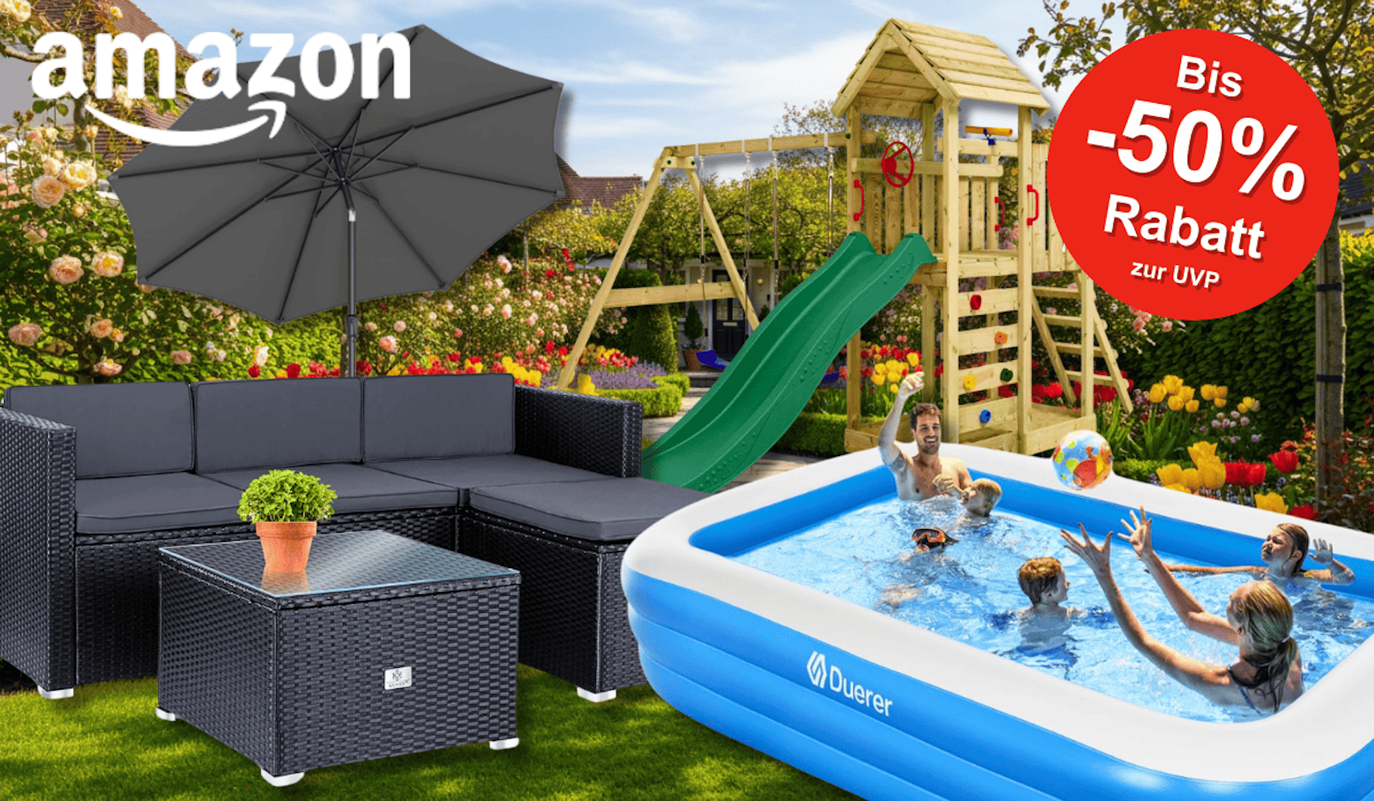 Eine Sitzecke, ein Pool, ein Klettergerüst und ein Sonnenschirm vor einem Garten-Hintergrund.