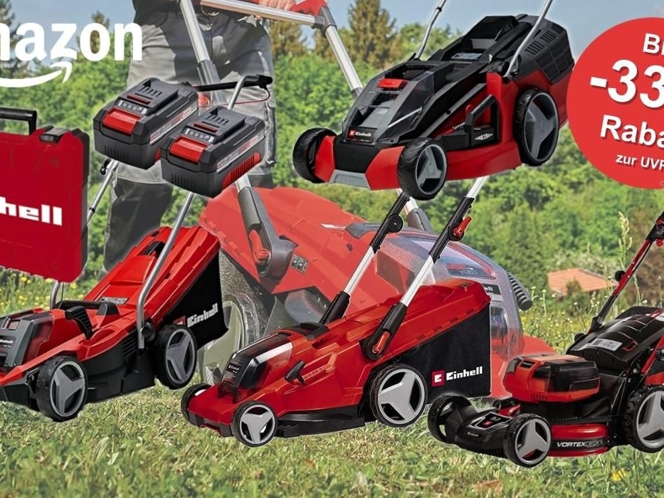 Verschiedene Einhell Akku Rasenmäher Modelle und Akkus vor einem Hintergrundbild von einem Mann, der mit einem Einhell Akku-Rasenmäher seinen Rasen mäht.