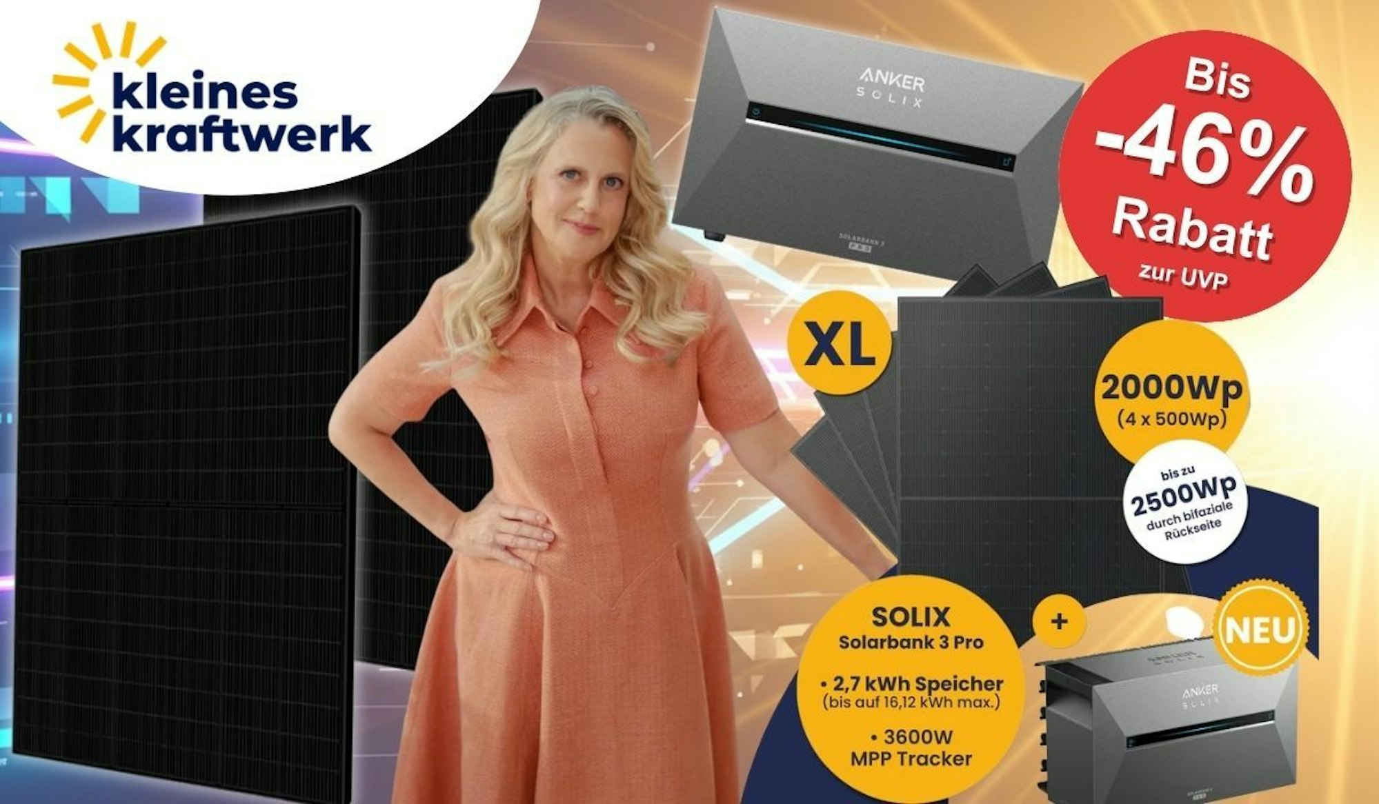 Kleines Kraftwerk Balkonkraftwerk mit Anker Solix Solarbank 3 Pro und Solar-Panelen vor technischen Details und hell leuchtenden Lichtern. Im Vordergrund Barbara Schöneberger mit einem lachsfarbenen Kleid.