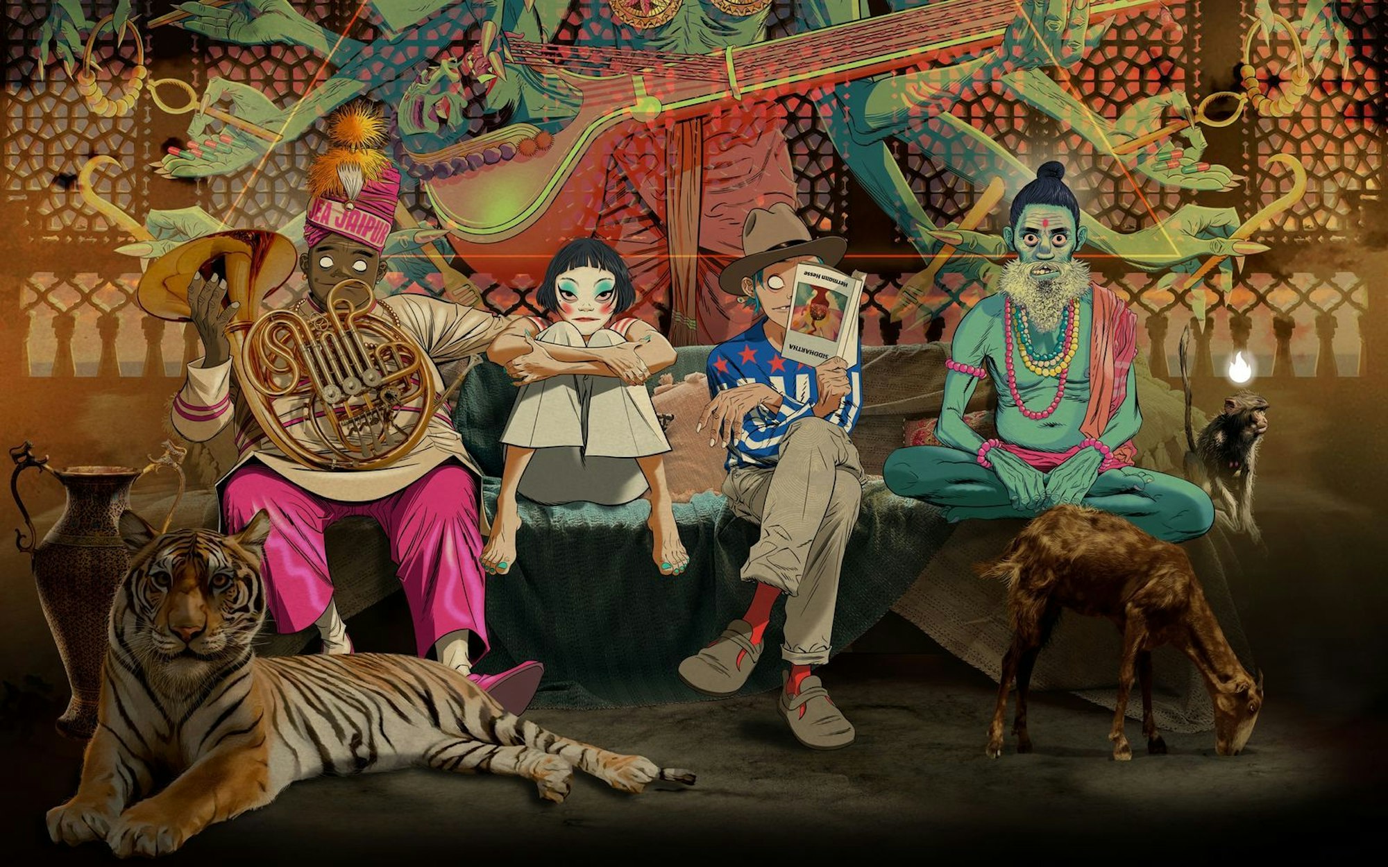 Nicht zu übersehen und auch nicht zu überhören: Mit „The Mountain“ unternehmen die Gorillaz eine Reise tief hinein in die indische Kultur. (Bild: Jamie Hewlett/Kong)