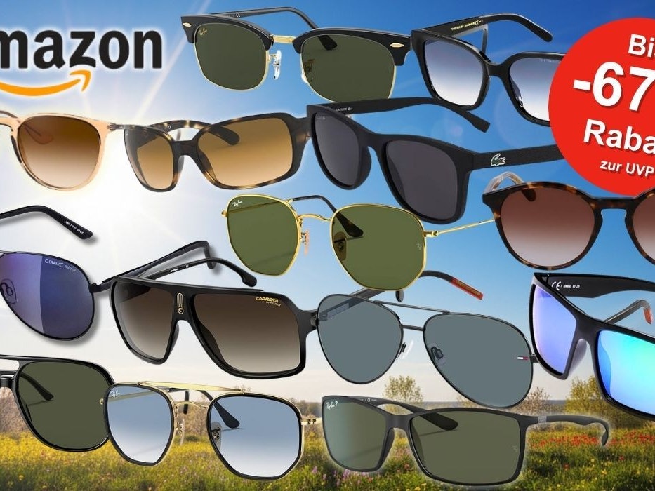 Viele Marken Sonnenbrillen von Ray Ban, Carrera, Uvex, Lacoste, Tommy Hilfiger, Oakley, Levis und Calvin Klein vor sonnigem Himmel über grüner, blühender Landschaft.