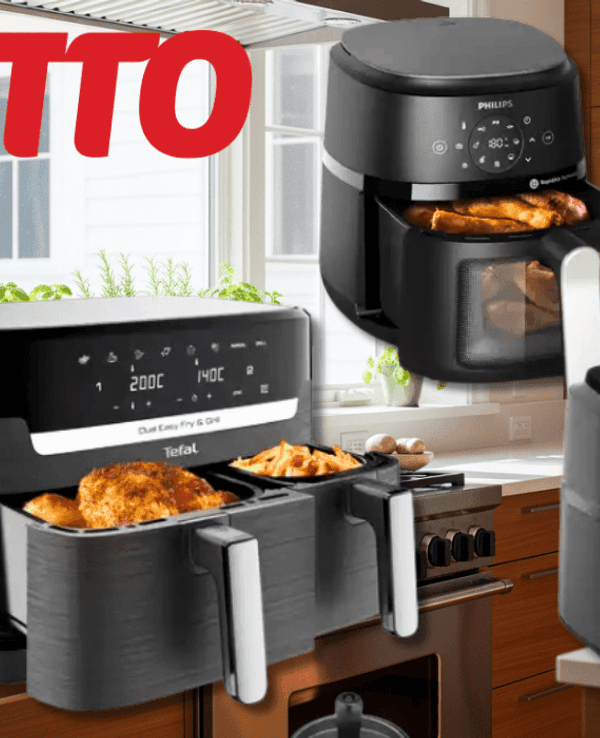 Auf dem Bild sind Airfryer von den Marken Philips und Tefal vor einer Küche platziert.