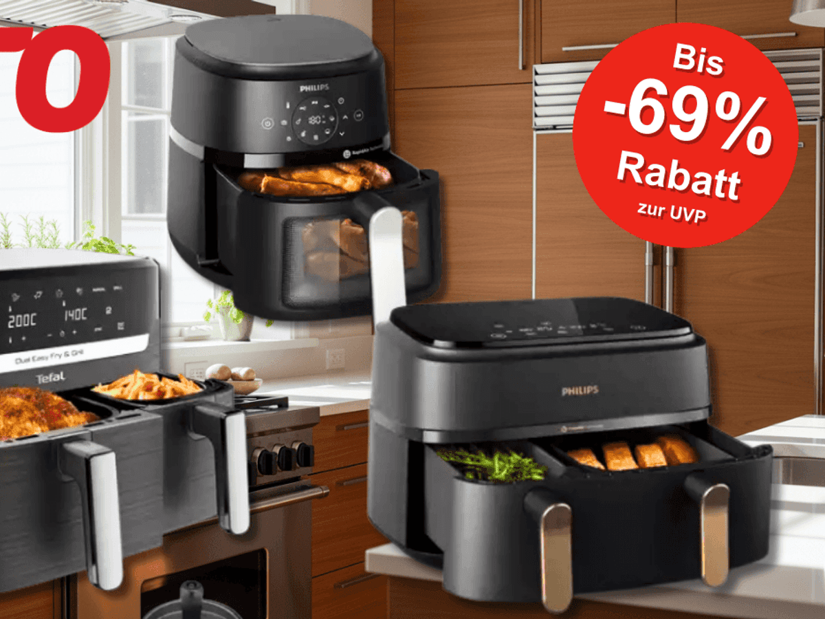 Auf dem Bild sind Airfryer von den Marken Philips und Tefal vor einer Küche platziert.
