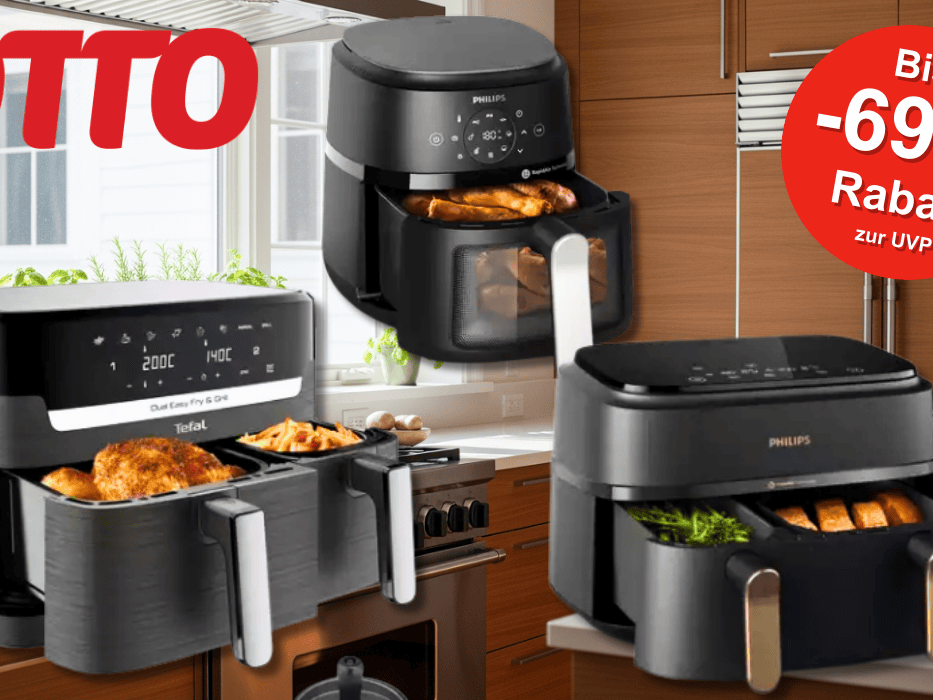 Auf dem Bild sind Airfryer von den Marken Philips und Tefal vor einer Küche platziert.