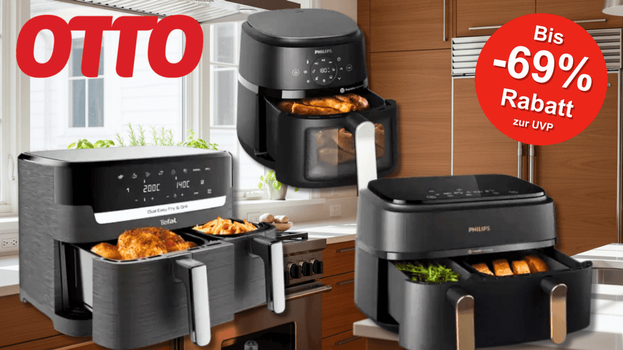 Auf dem Bild sind Airfryer von den Marken Philips und Tefal vor einer Küche platziert.
