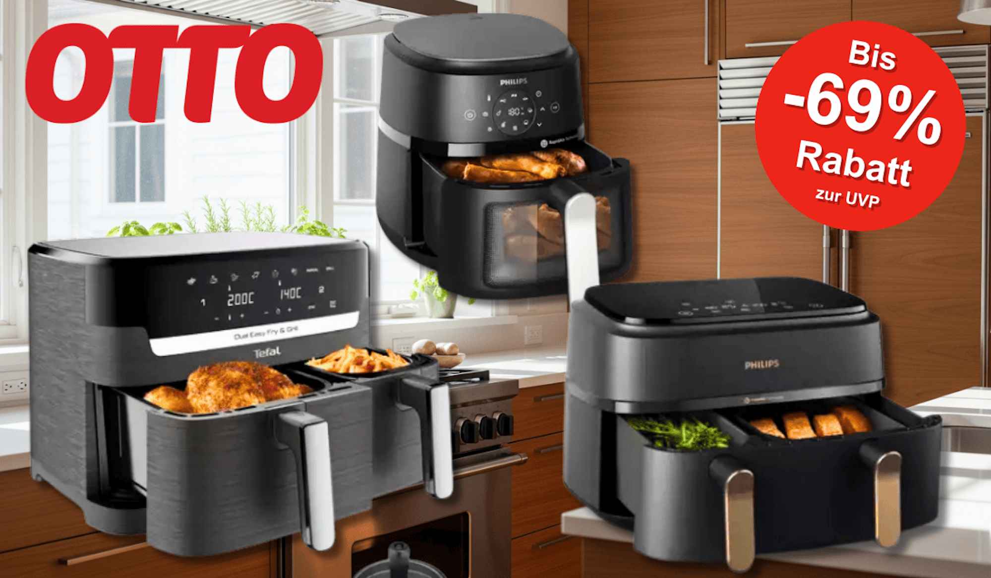 Auf dem Bild sind Airfryer von den Marken Philips und Tefal vor einer Küche platziert.