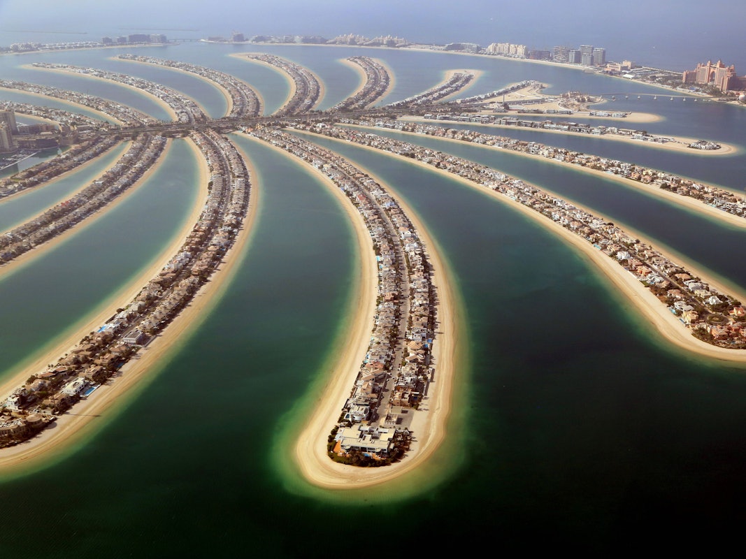 Auf einer Insel in Palmenform stehen Häuser.