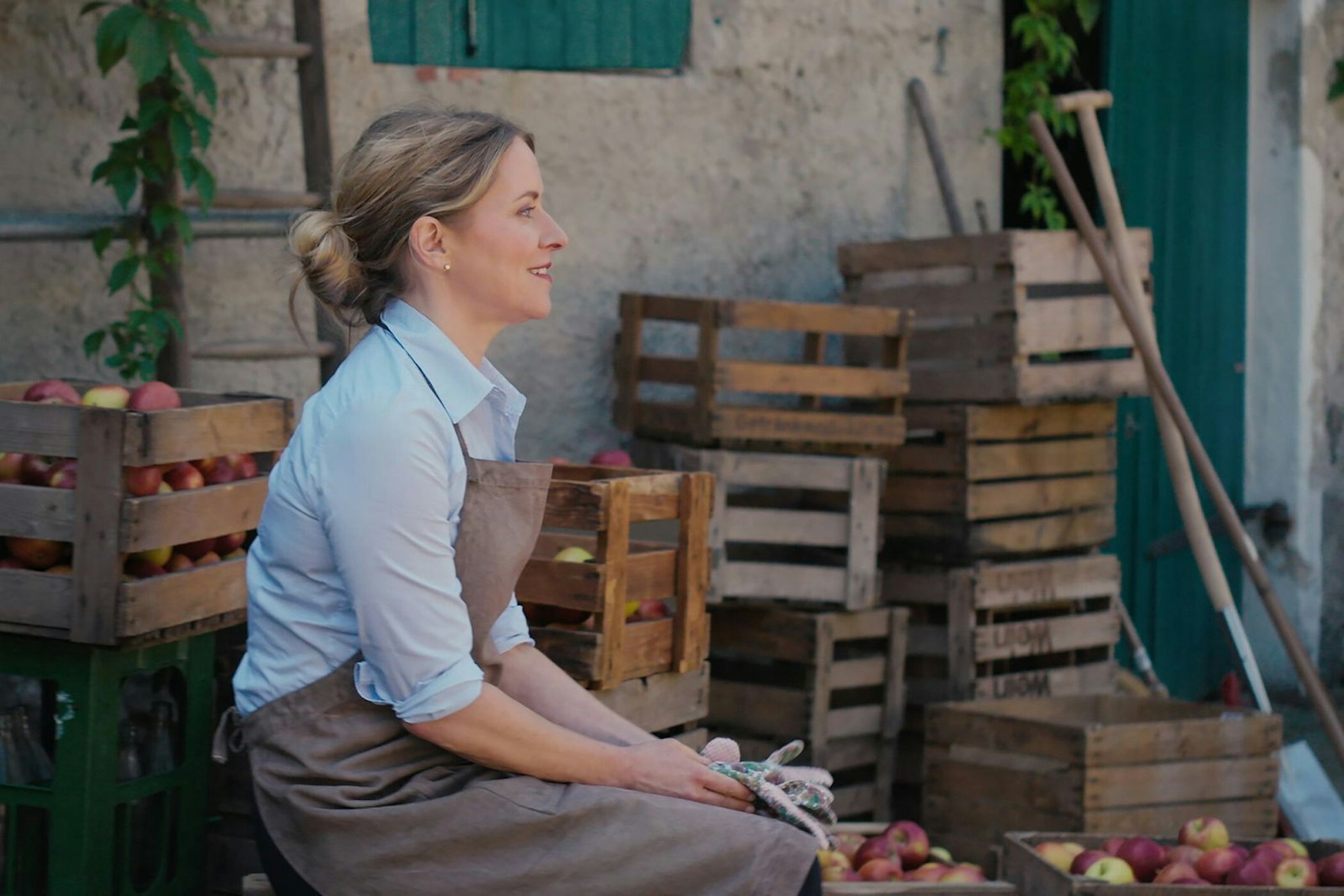 Wie auch in der „Landarztpraxis“ zieht es in „Ein Hof zum Verlieben“ eine Karrierefrau aufs Land: Die Hamburger Anwältin Laura Albers (Staehly) erbt einen Apfelhof am Bodensee. (Bild: Joyn)