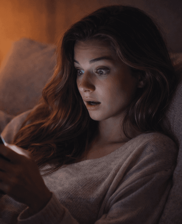 Frau sitzt im Bett und schaut erstaunt auf ihr Handy.
