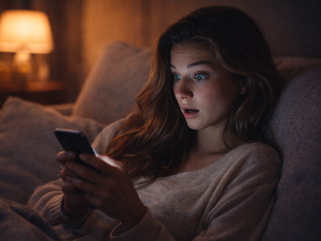 Frau sitzt im Bett und schaut erstaunt auf ihr Handy.