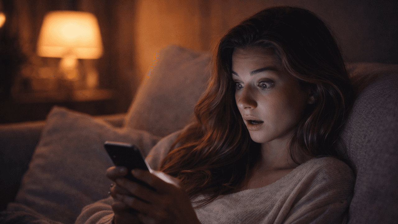 Frau sitzt im Bett und schaut erstaunt auf ihr Handy.