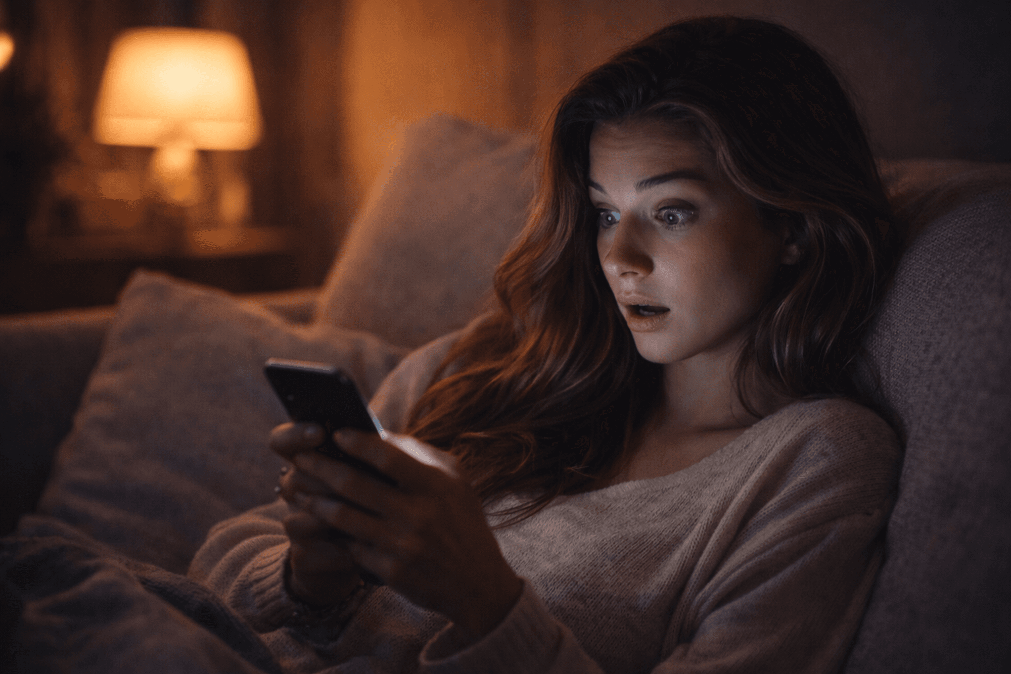 Frau sitzt im Bett und schaut erstaunt auf ihr Handy.