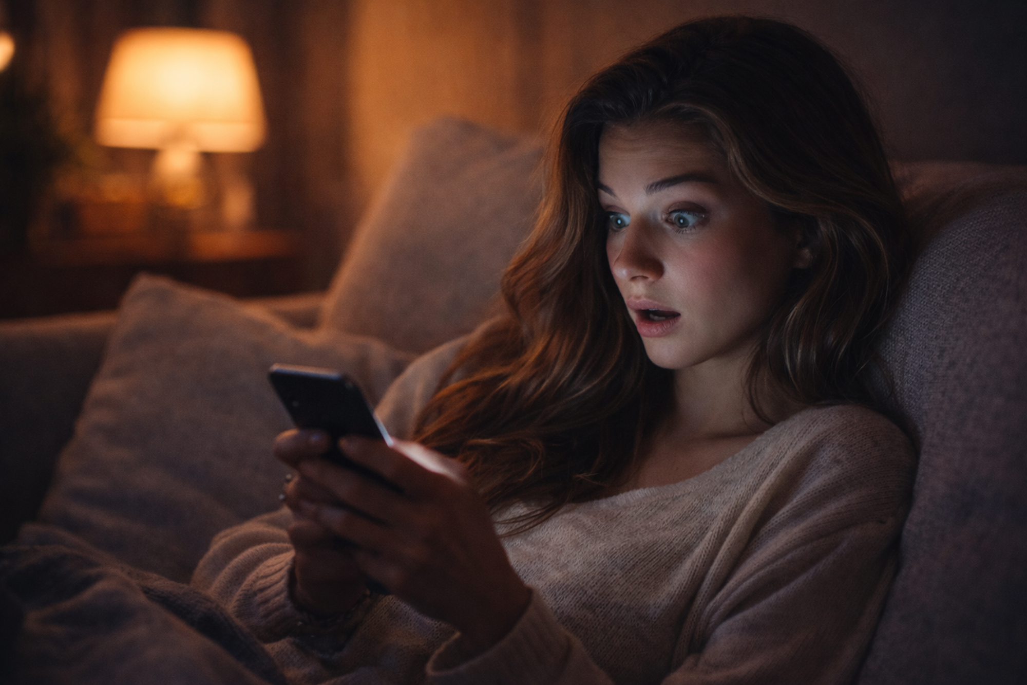 Frau sitzt im Bett und schaut erstaunt auf ihr Handy.