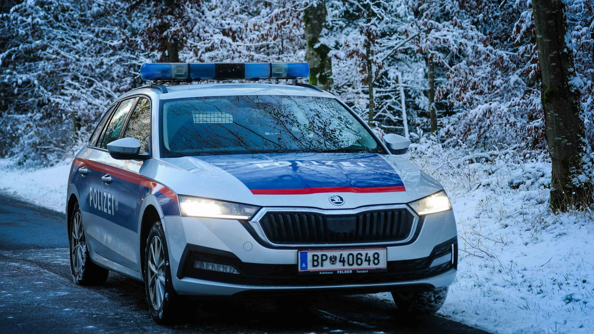 Polizeiauto im verschneiten Wald