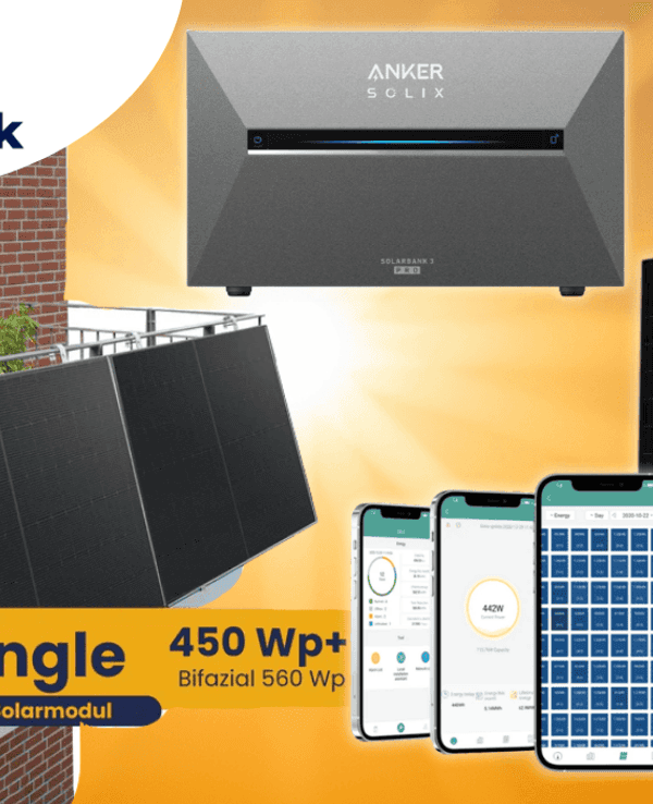 Ein Balkonkraftwerk und die Ankersolarbank vor einem Sonnen Hintergrund.