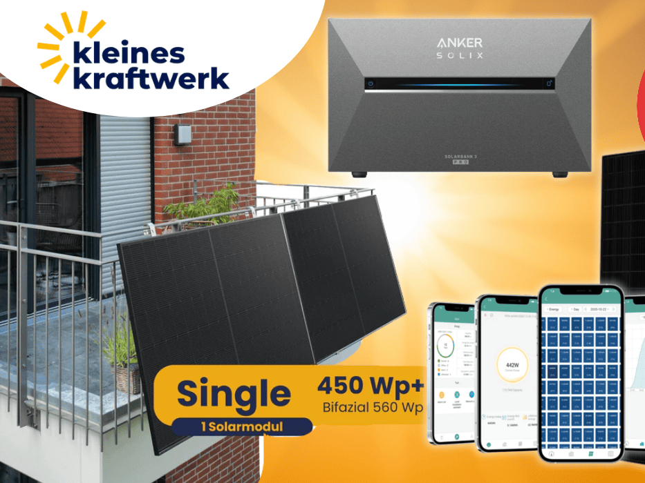 Ein Balkonkraftwerk und die Ankersolarbank vor einem Sonnen Hintergrund.
