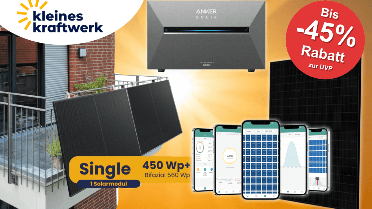 Ein Balkonkraftwerk und die Ankersolarbank vor einem Sonnen Hintergrund.