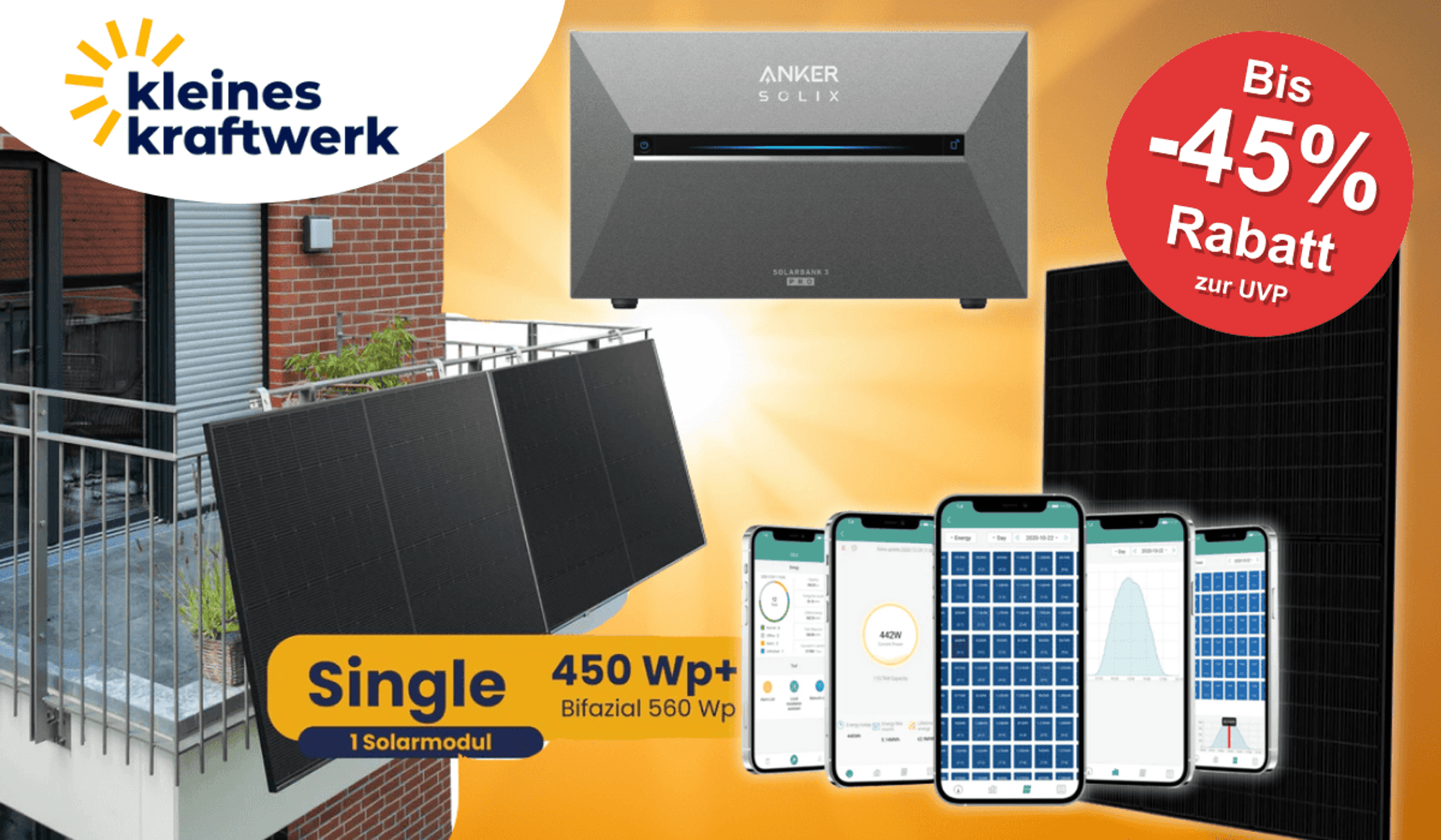 Ein Balkonkraftwerk und die Ankersolarbank vor einem Sonnen Hintergrund.
