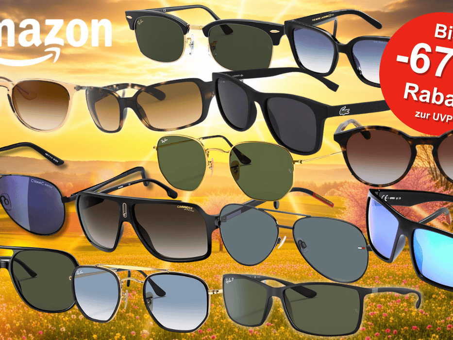 Viele Marken Sonnenbrillen von Ray Ban, Carrera, Uvex, Lacoste, Tommy Hilfiger, Oakley, Levis und Calvin Klein vor sonnigem Himmel über grüner, blühender Landschaft.