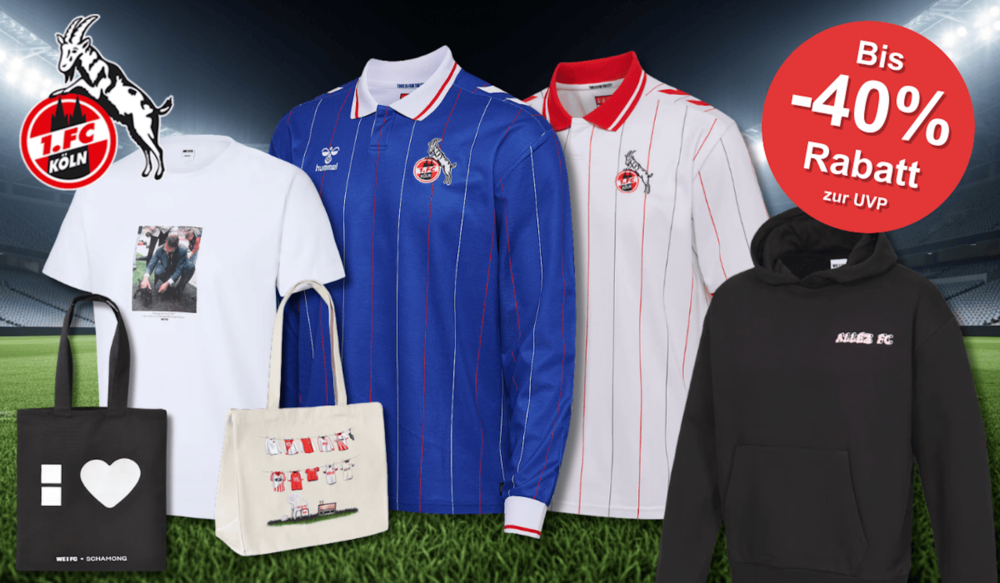 Verschiedene WE:FC Produkte wie das neue WE:FC Jersey in Langarm und Kurzarm und andere Oberteile und Taschen vor einem Stadion Hintergrund.