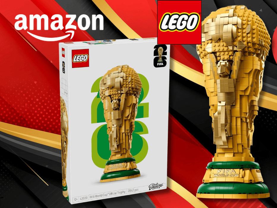 Der LEGO FIFA Pokal vor einem schwarz, rot, goldenen Hintergund.