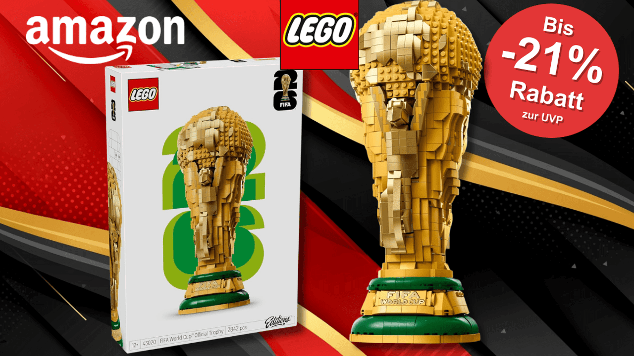 Der LEGO FIFA Pokal vor einem schwarz, rot, goldenen Hintergund.