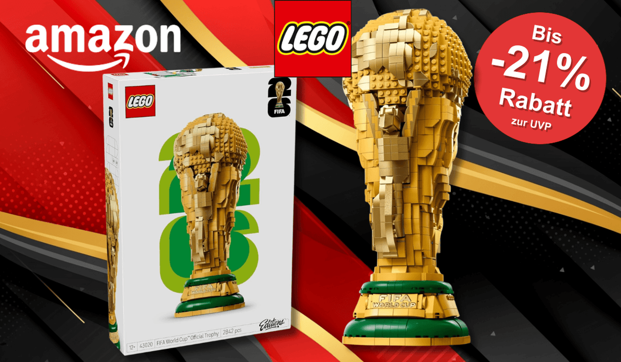 Der LEGO FIFA Pokal vor einem schwarz, rot, goldenen Hintergund.