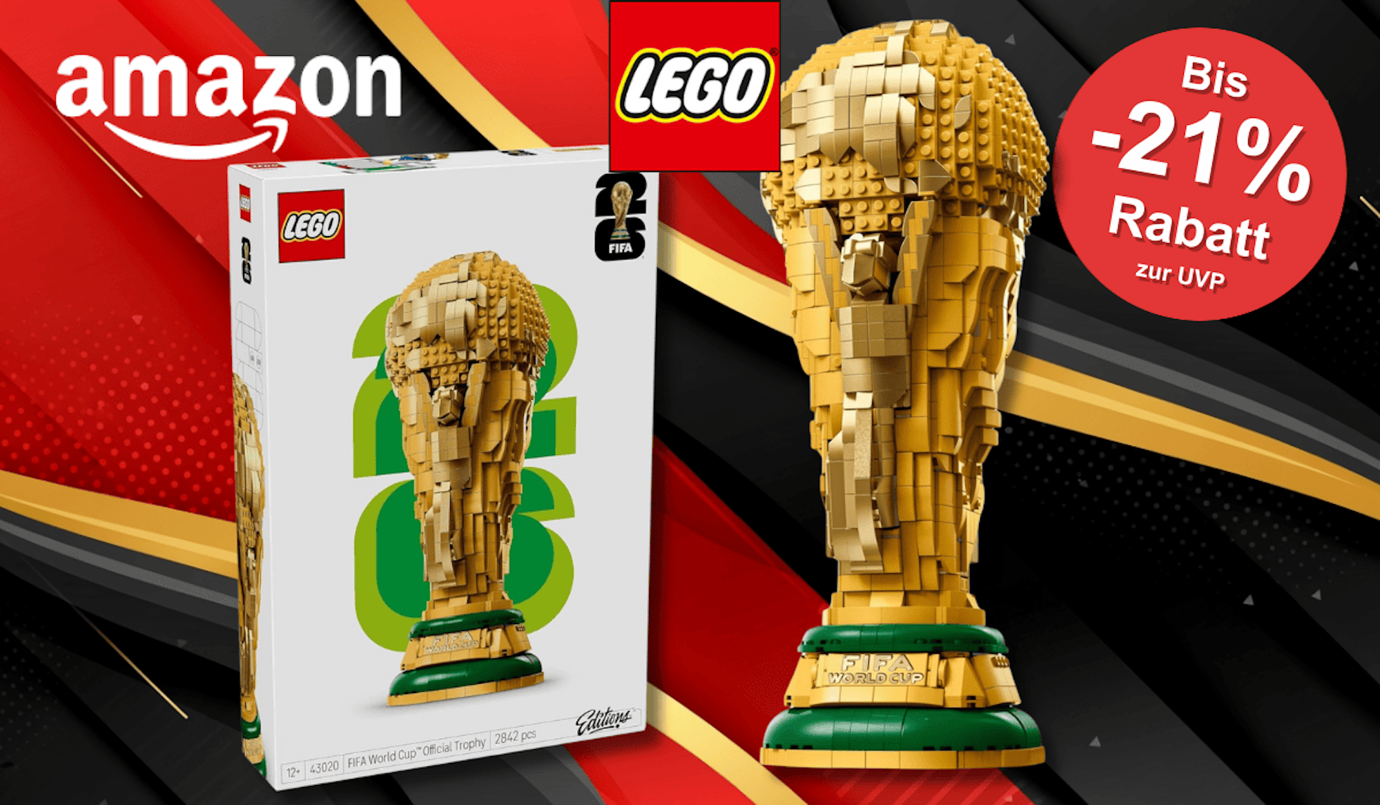 Der LEGO FIFA Pokal vor einem schwarz, rot, goldenen Hintergund.