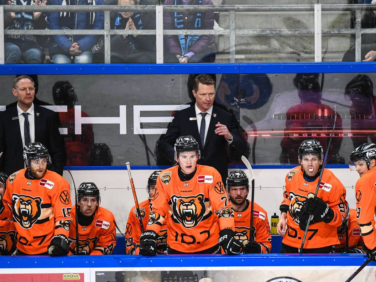 Mike Stewart auf der Bank hinter seinen Spielern der Grizzlys Wolfsburg.