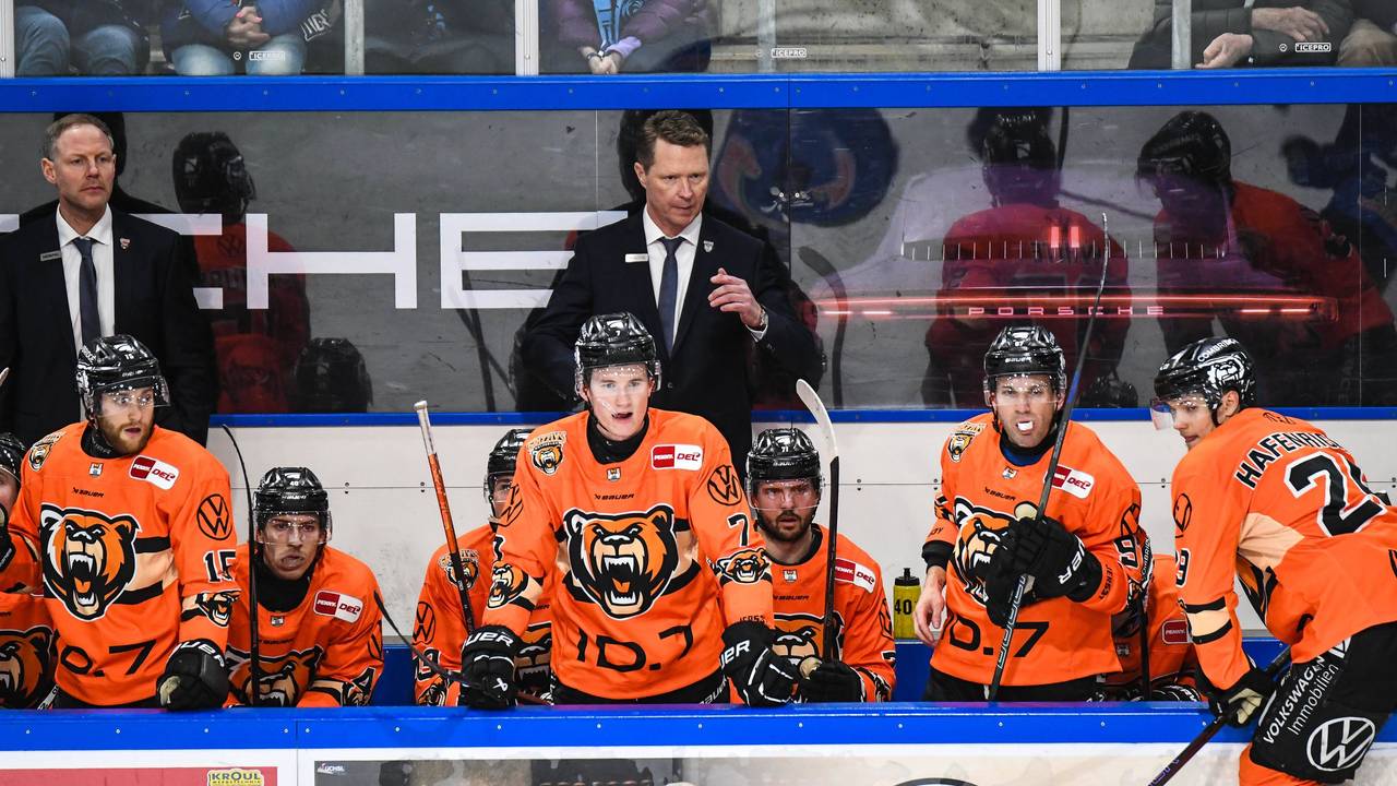 Mike Stewart auf der Bank hinter seinen Spielern der Grizzlys Wolfsburg.