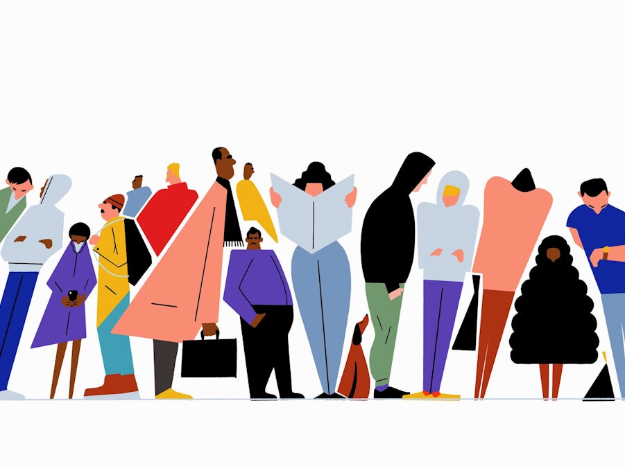 Schlange von Personen an Bushaltestelle