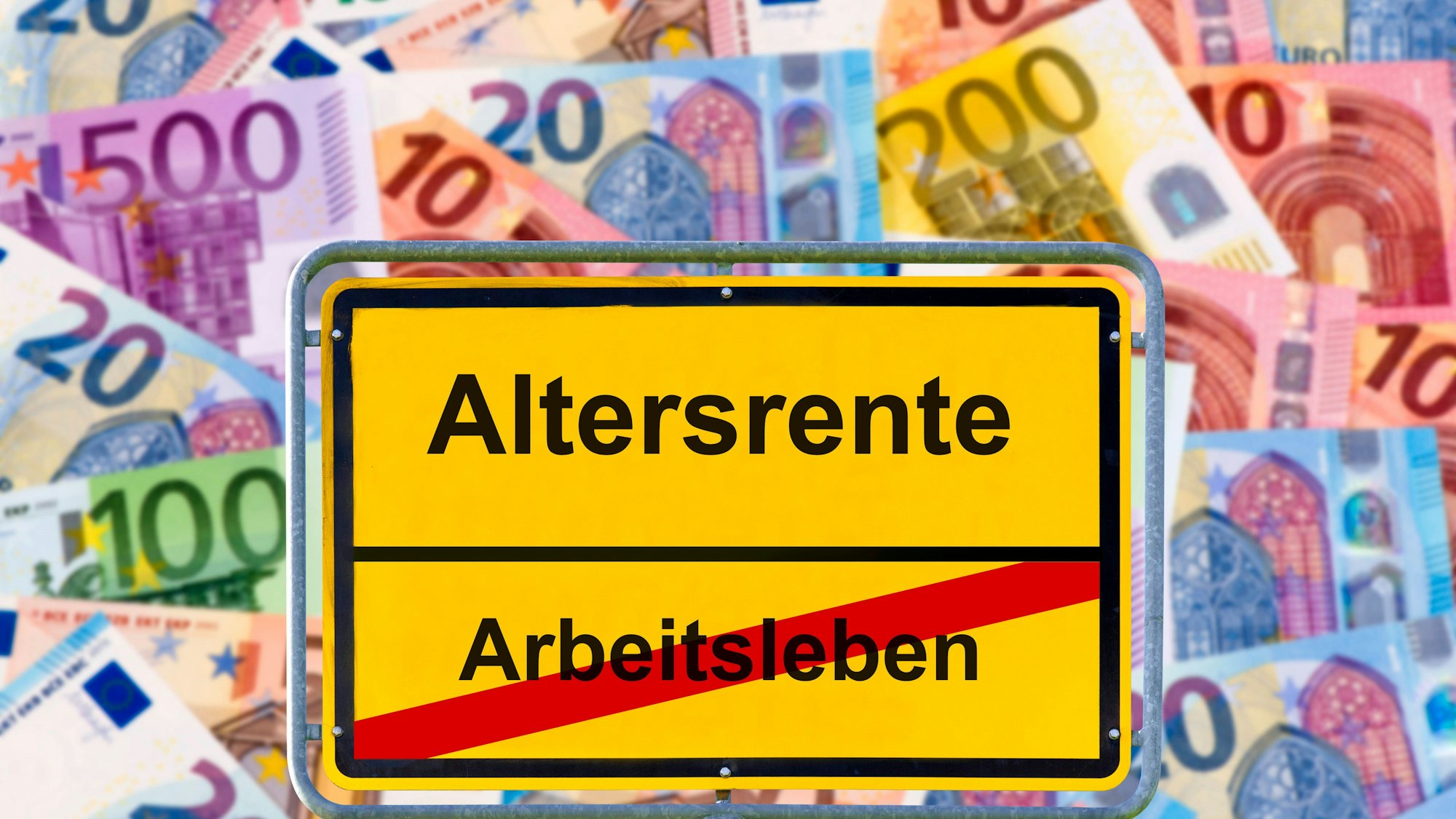 Schild mit Altersrente und Arbeitsleben, Euro-Banknoten