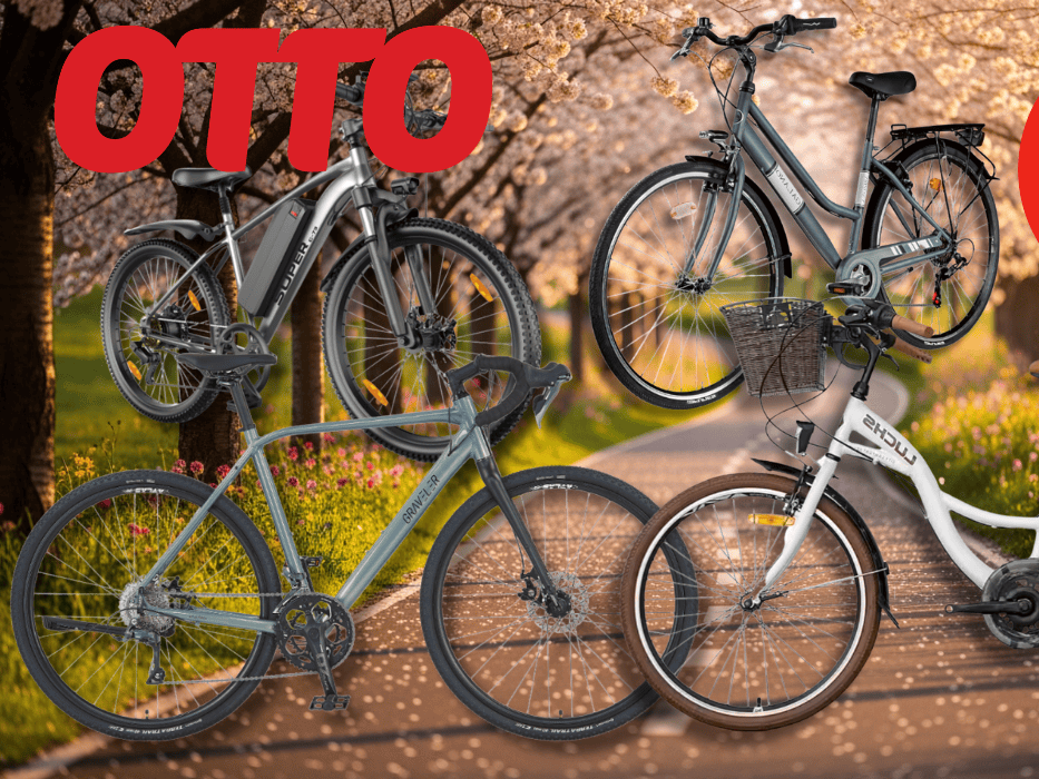 4 verschiedene Fahrräder vor einem frühlingshaften Hintergrund.