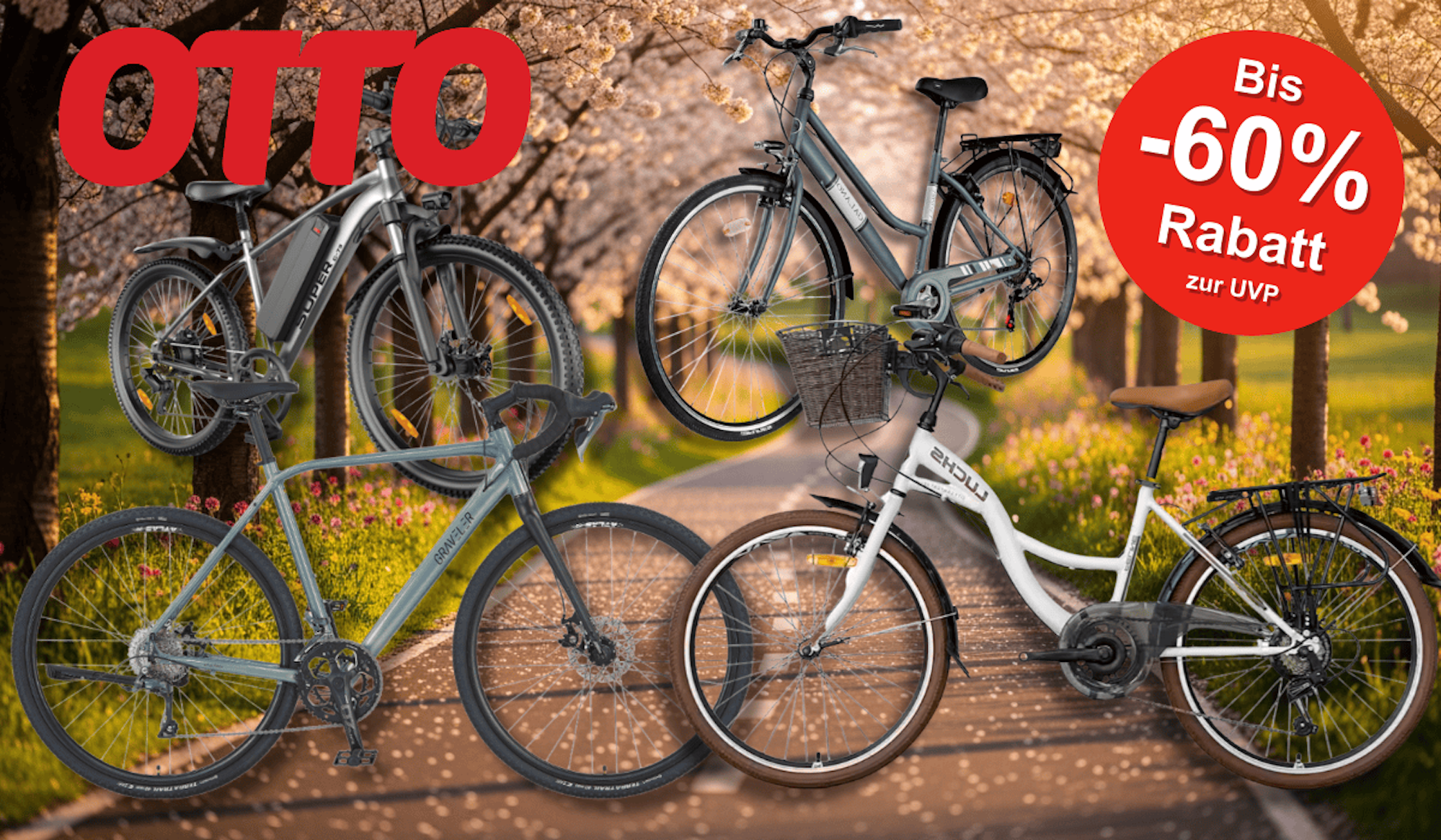 4 verschiedene Fahrräder vor einem frühlingshaften Hintergrund.