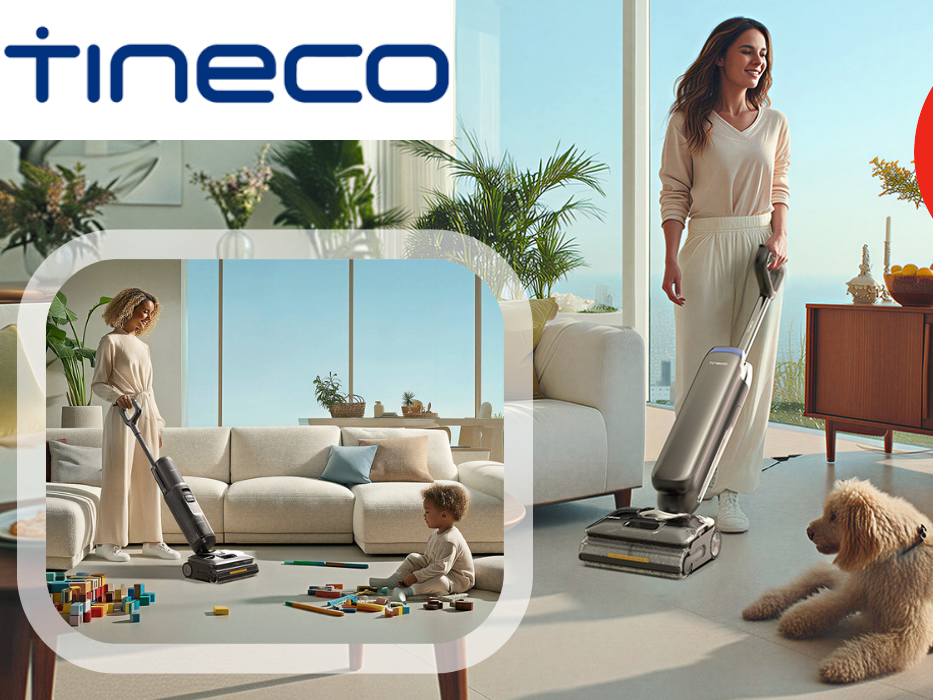 Eine Frau die in einem hellen Wohnzimmer mit einem Tineco-Bodenreiniger saugt/wischt, während ein Hund entspannt auf dem Teppich liegt und ein weiteres Bild mit einer Frau die Staubsaugt während ein kleines Kind mit Spielzeug am Boden sitzt.