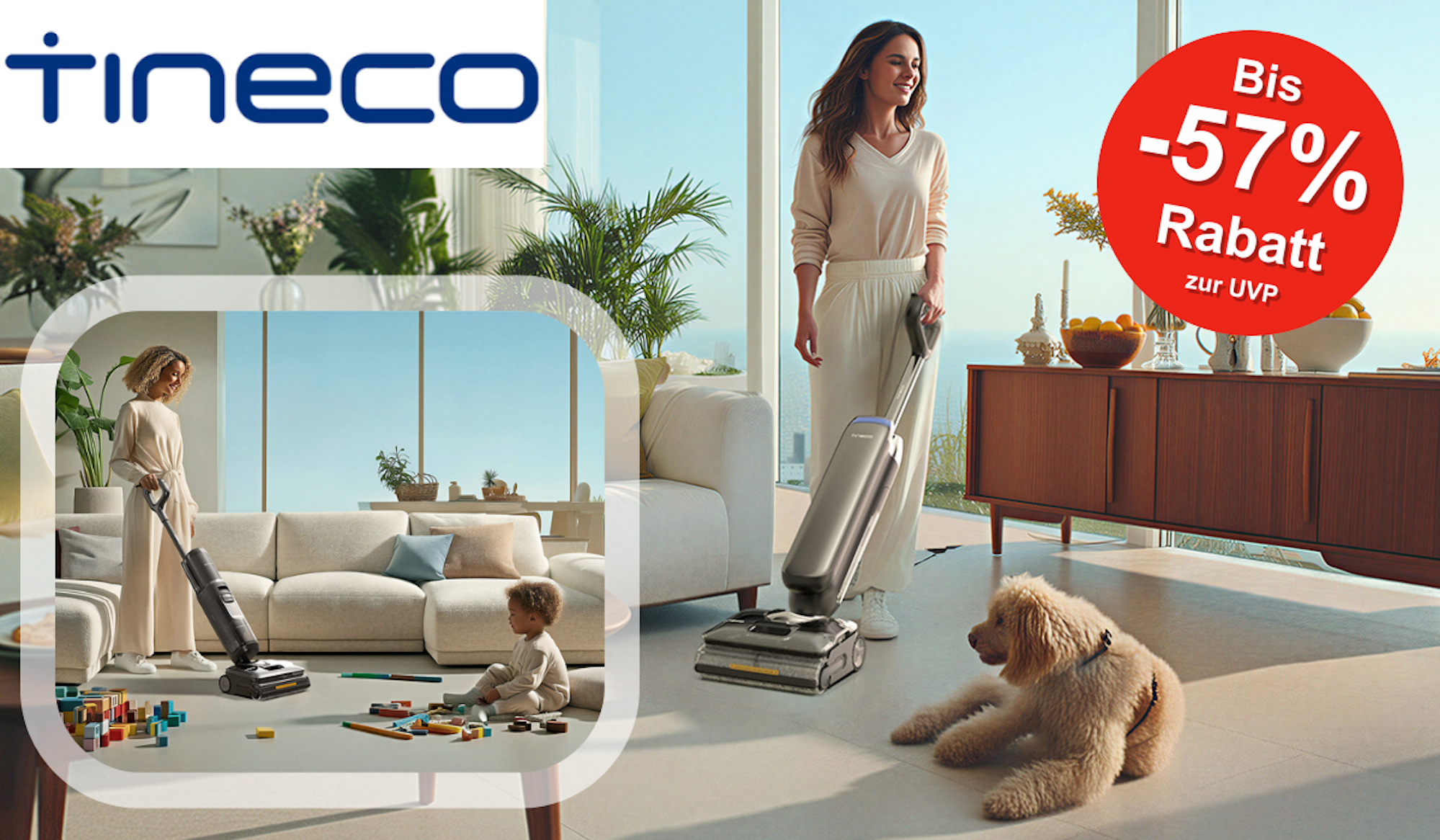Eine Frau die in einem hellen Wohnzimmer mit einem Tineco-Bodenreiniger saugt/wischt, während ein Hund entspannt auf dem Teppich liegt und ein weiteres Bild mit einer Frau die Staubsaugt während ein kleines Kind mit Spielzeug am Boden sitzt.