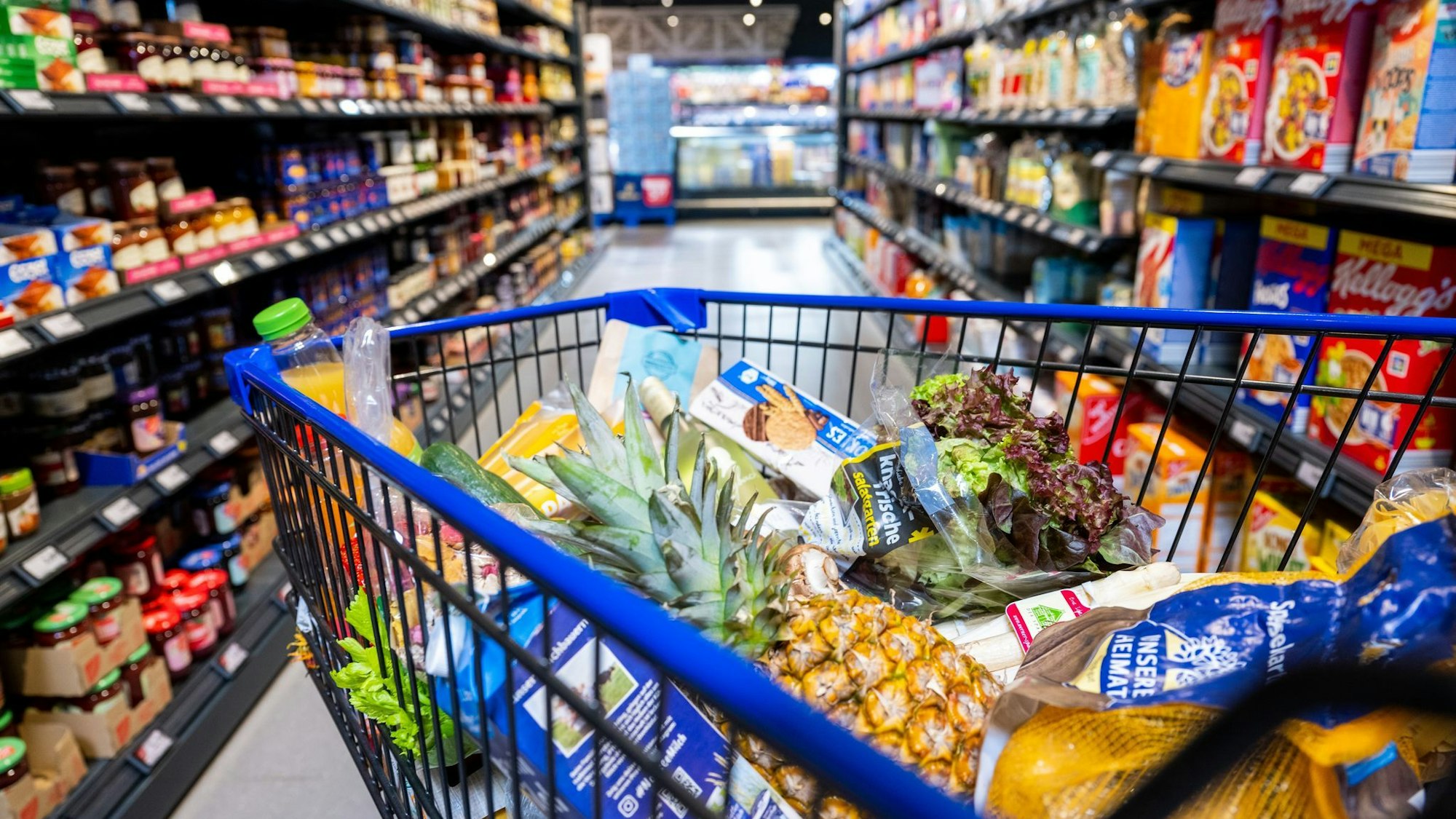 Ein gefüllter Einkaufswagen steht im Supermarkt